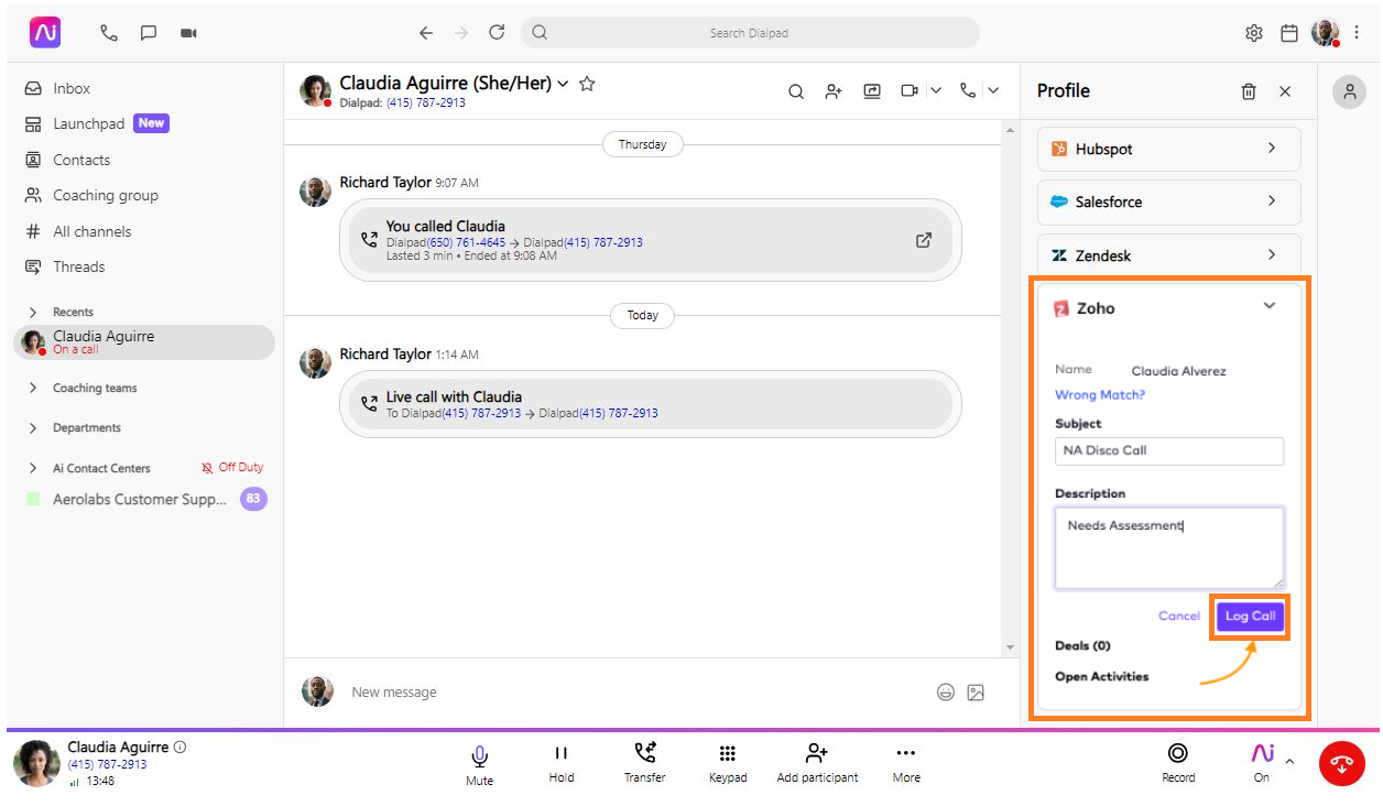 Screenshot of the Dialpad interface during a call, showing an orange box around the Zoho sidebar module where Subject and Description fields are filled in, with an orange arrow highlighting the purple Log Call button.
