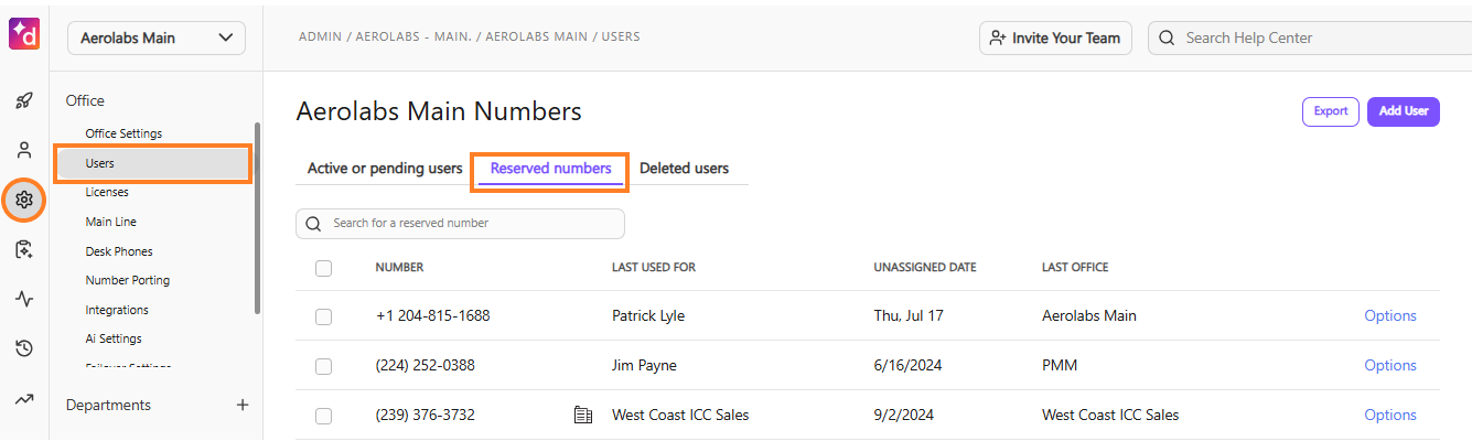 Dialpad Admin Settings > Office Settings. Users section with Reserved Numbers highlighted.