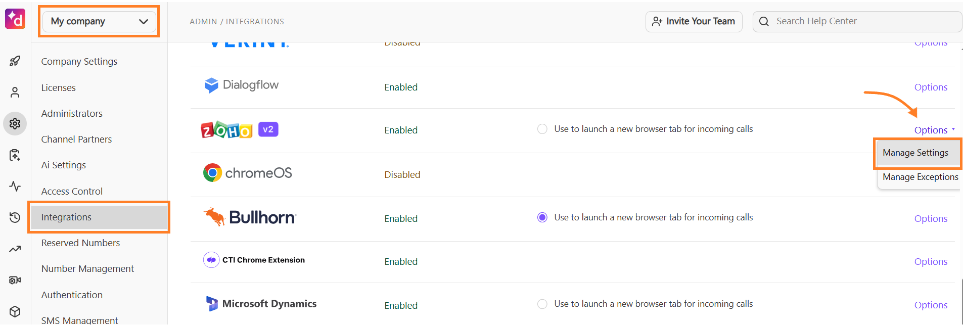 Screenshot of the Dialpad Admin Portal Integrations page, with orange boxes highlighting the "My company" dropdown and "Integrations" menu, and an orange arrow pointing to "Manage Settings" in the "Options" dropdown for Zoho v2.