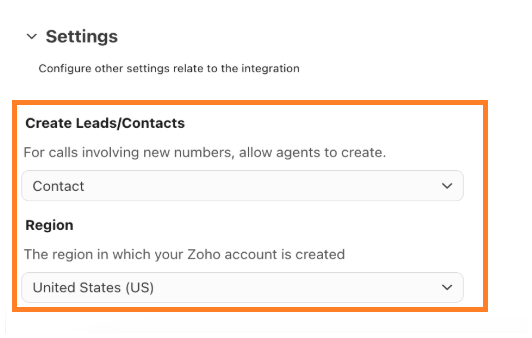 Screenshot of the "Settings" menu in Dialpad's Zoho v2 configuration, framed in an orange box showing options for "Create Leads/Contacts" set to Contact and "Region" set to United States (US).