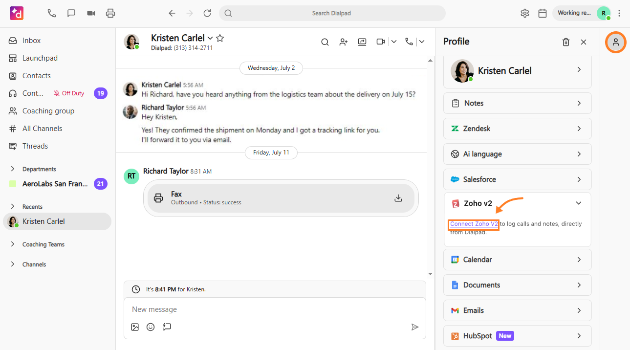Screenshot of the Dialpad web app interface displaying a contact's conversation thread and profile sidebar, with an orange circle highlighting the top-right profile icon and an orange arrow pointing to an orange-boxed "Connect Zoho V2" link under the Zoho v2 section.
