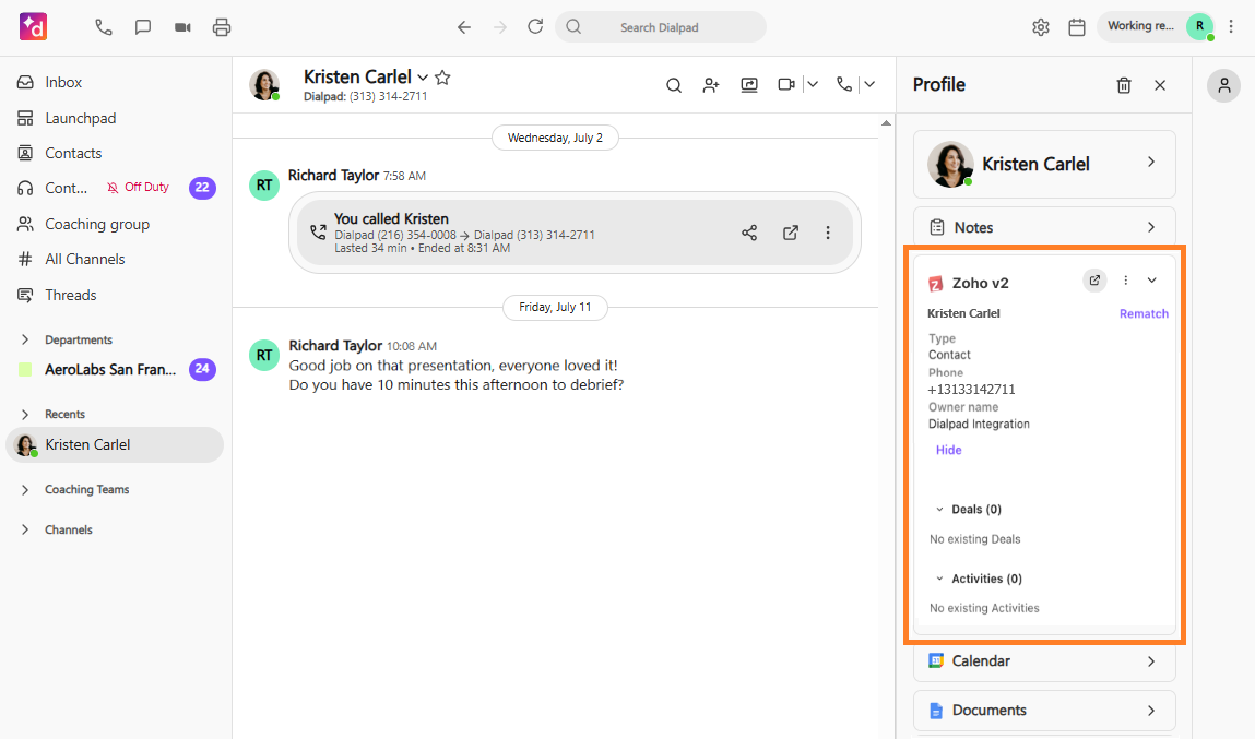Screenshot of the Dialpad web application showing a contact profile sidebar with an orange box highlighting the "Zoho v2" section, displaying matched contact details such as Type, Phone, Owner name, along with empty Deals and Activities sections.