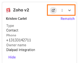 Screenshot of the Dialpad Zoho v2 widget header, framed in an orange box highlighting three action icons: an external link icon, a three-dot menu icon, and a dropdown arrow.