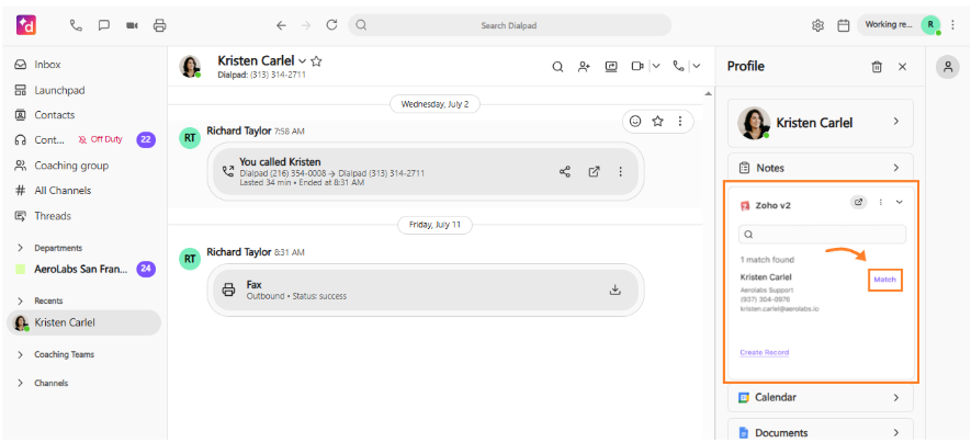 Screenshot of the Dialpad interface displaying a contact sidebar, framed in an orange box highlighting the Zoho v2 section with "1 match found" and an orange arrow pointing to the "Match" link.