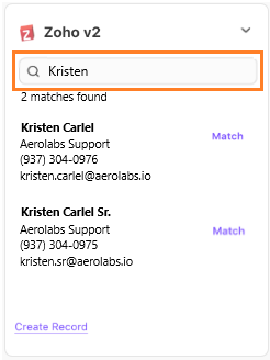 Screenshot of the Dialpad Zoho v2 widget showing a search field framed in an orange box with the name "Kristen" typed in, displaying two matched contacts with "Match" links beside each.