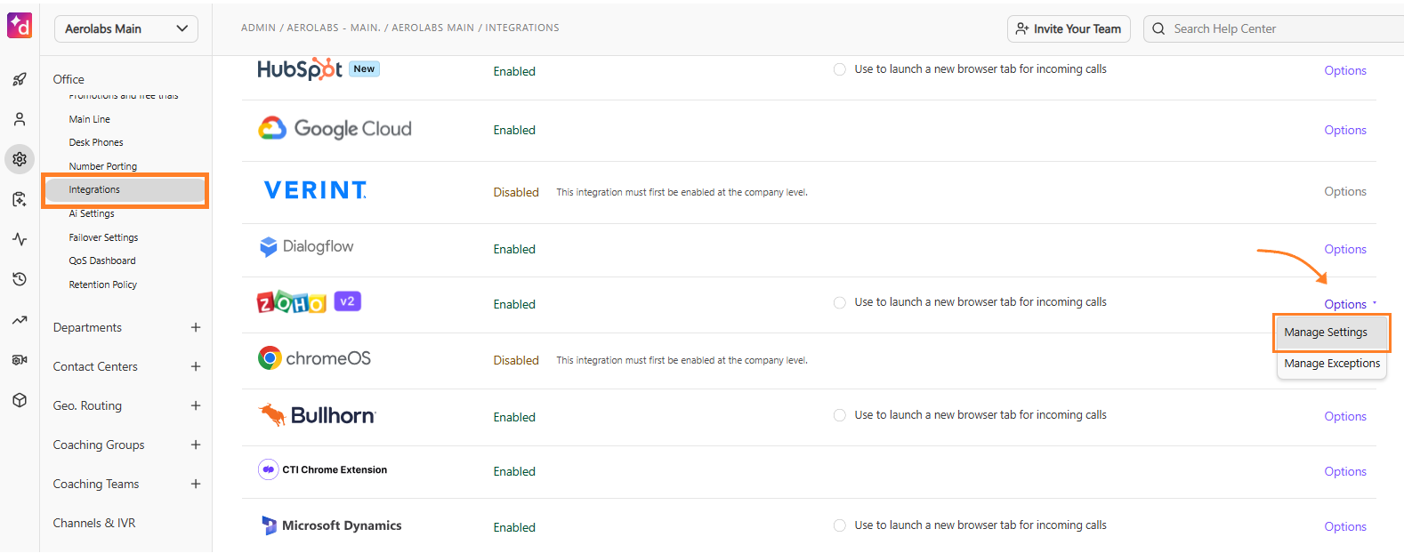 Screenshot of the Dialpad Admin Settings page, with an orange box highlighting "Integrations" in the left sidebar menu and an orange arrow pointing to "Manage Settings" in the "Options" dropdown menu for Zoho v2.