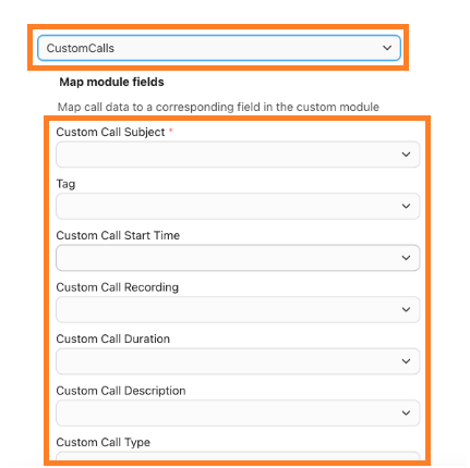 Screenshot of the Dialpad "Map module fields" interface for Zoho integration, with orange boxes highlighting the selected custom module dropdown ("CustomCalls") at the top and the list of customizable field mapping dropdowns below it.