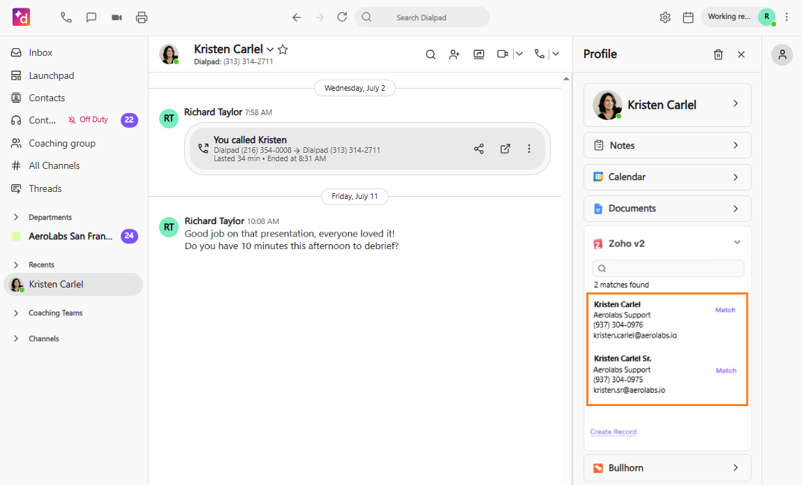 Screenshot of the Dialpad web application showing a contact sidebar, framed in an orange box highlighting the Zoho v2 section with "2 matches found" listing two matching contact options with "Match" links.