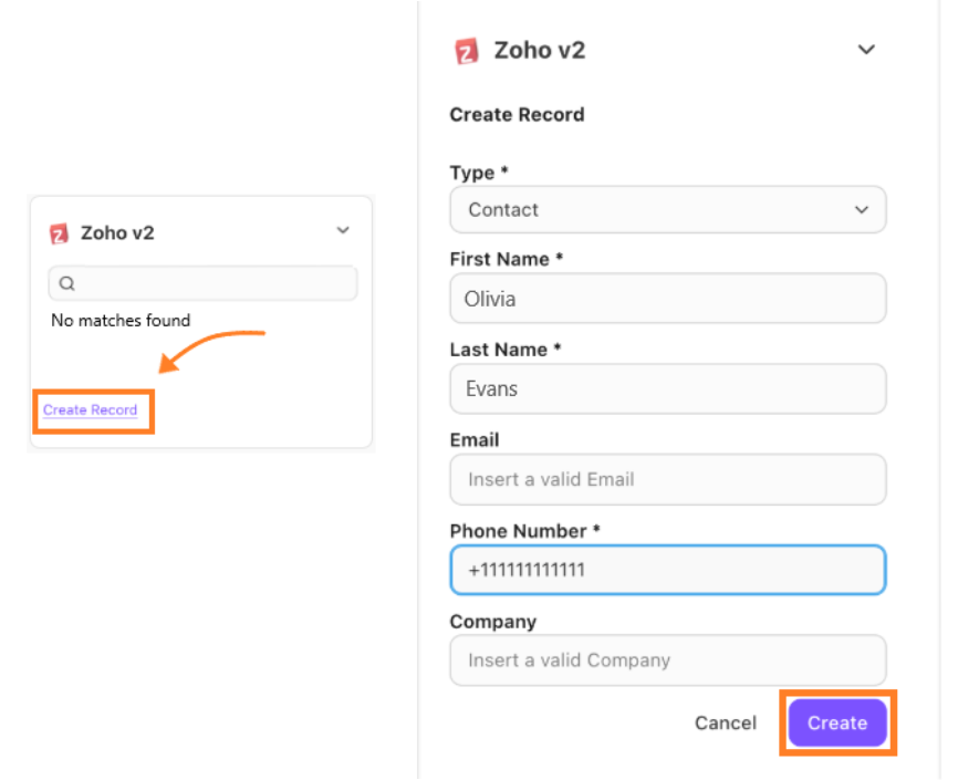 Screenshot of the Dialpad Zoho v2 widget showing "No matches found" with an orange arrow pointing to the "Create Record" link on the left, and the expanded "Create Record" form on the right with an orange box highlighting the purple Create button.