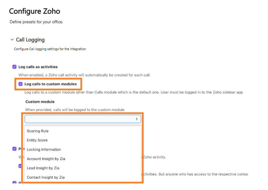 Screenshot of the Dialpad "Configure Zoho" settings page showing the "Call Logging" section, with orange boxes highlighting the "Log calls to custom modules" checkbox and an open dropdown menu listing available custom modules.