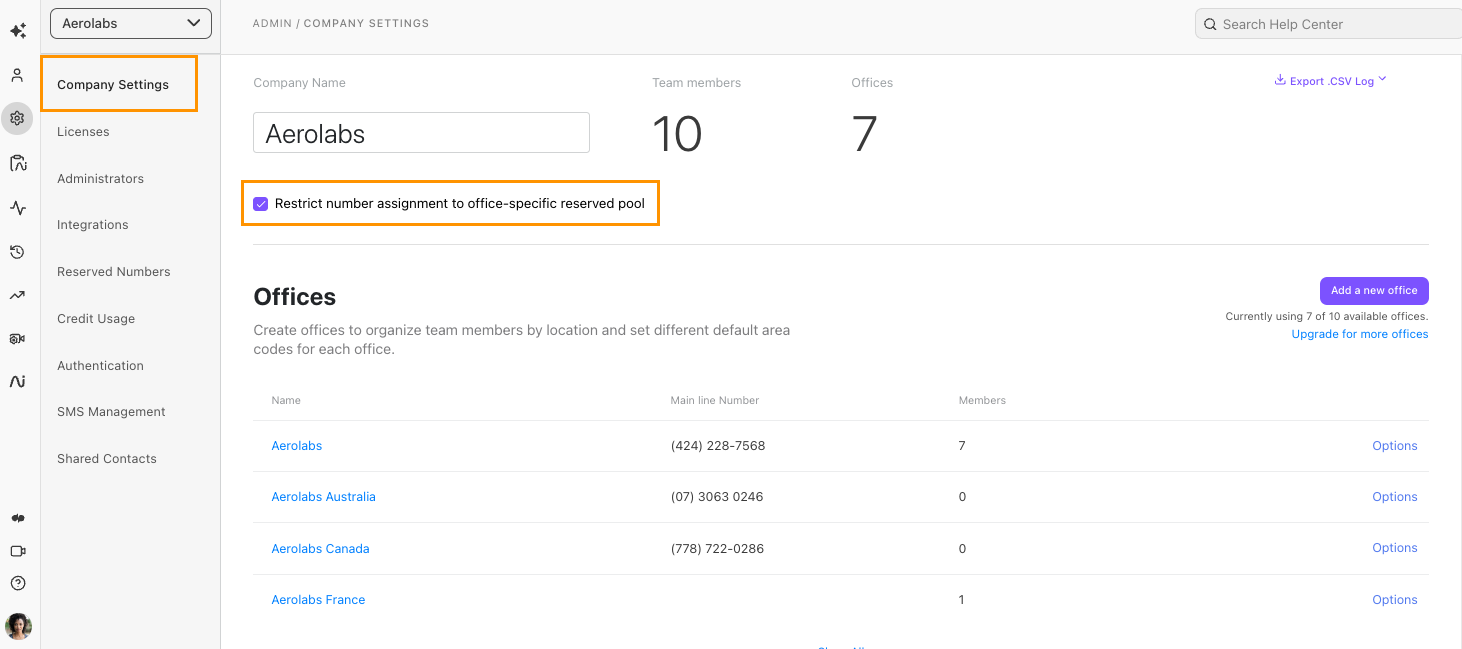 Dialpad Admin settings, Company Settings page. With Restrict assignment to office-specific reserved pool check box highlighted.