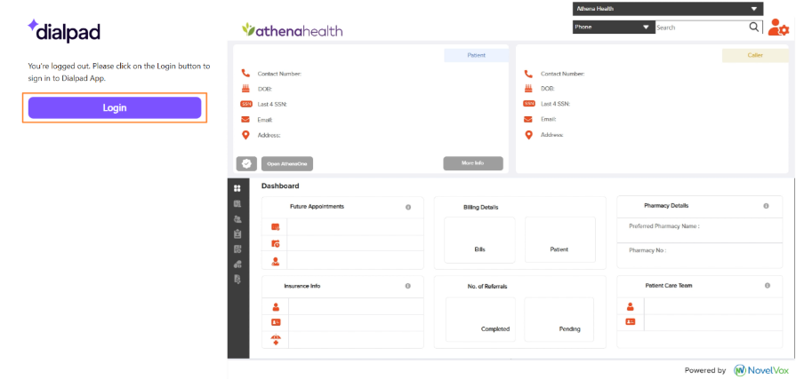 Screenshot of the NovelVox Agent Accelerator interface for Athenahealth and Dialpad, featuring an orange box highlighting the purple "Login" button on the left sidebar.