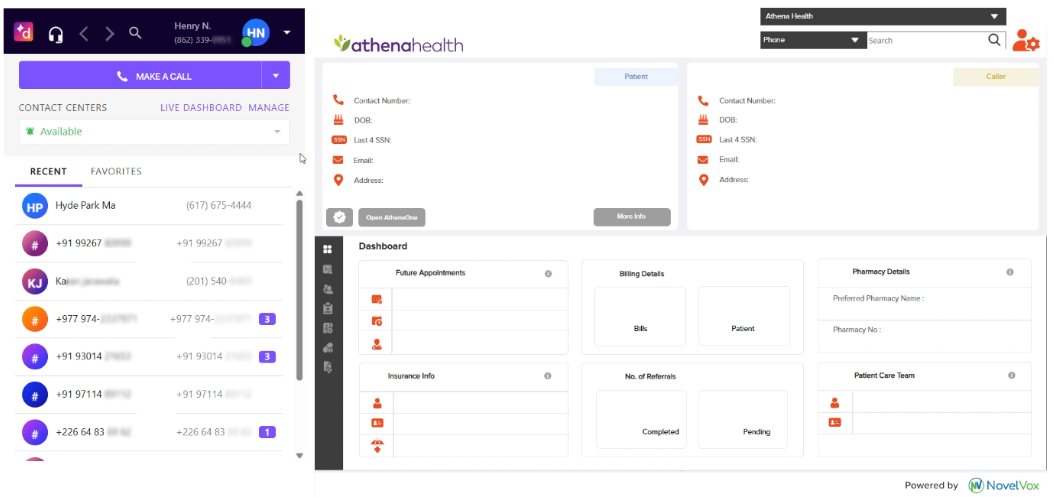 Screenshot of the Agent Accelerator dashboard showing Dialpad's call control panel on the left sidebar and the Athenahealth patient details dashboard integrated on the right panel.