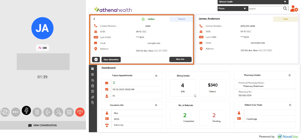 Screenshot of the Athenahealth Agent Accelerator dashboard, with an orange box highlighting the "Patient Information" card containing contact details, verification status, and action buttons for "Open AthenaOne" and "More Info".