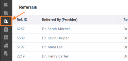 Screenshot of the "Referrals" section in the Agent Accelerator interface, featuring an orange box and arrow highlighting the user group icon on the left navigation sidebar alongside columns for Ref. ID and Referred By (Provider).
