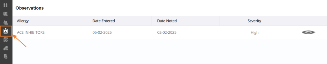 Screenshot of the "Observations" section in the Agent Accelerator interface, featuring an orange box and arrow highlighting the clipboard icon in the left navigation sidebar alongside a table listing patient allergy details, dates, and severity.