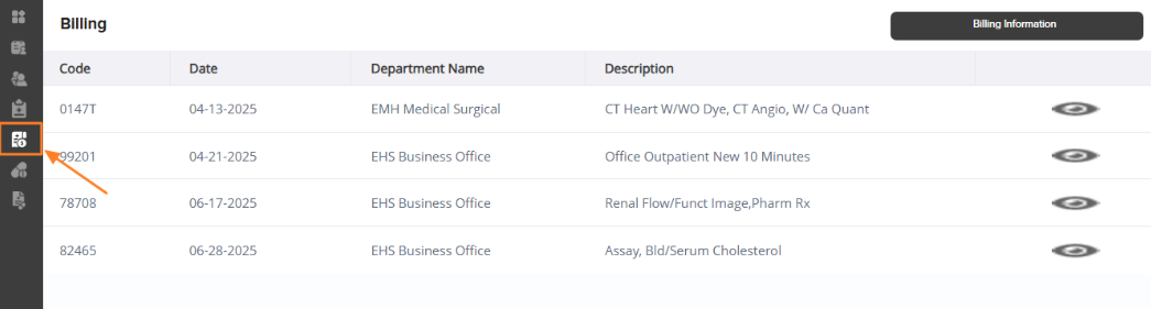 Screenshot of the "Billing" section in the Agent Accelerator interface, featuring an orange box and arrow highlighting the dollar bill icon in the left navigation sidebar alongside a table showing billing codes, dates, department names, and descriptions.