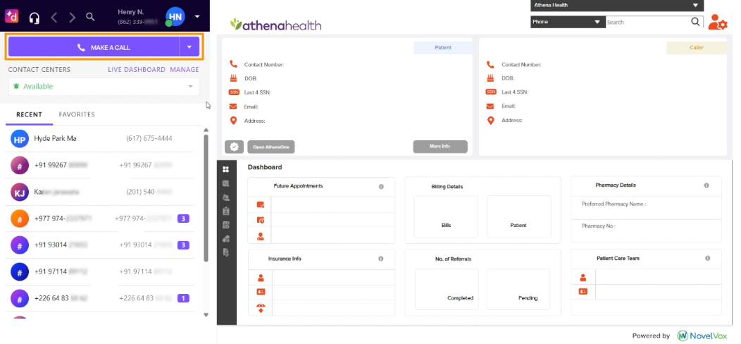 Screenshot of the Agent Accelerator for Athenahealth integration, with an orange box highlighting the purple "MAKE A CALL" button at the top of the left-hand Dialpad call panel.