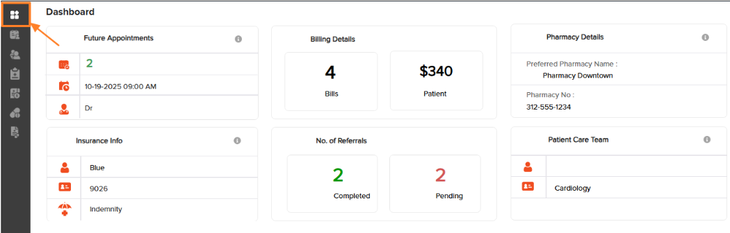 Screenshot of the Athenahealth Agent Accelerator Dashboard overview screen, featuring an orange box and arrow highlighting the top-left dashboard grid icon, with cards displaying overview metrics for Future Appointments, Billing Details, Pharmacy Details, Insurance Info, No. of Referrals, and Patient Care Team.