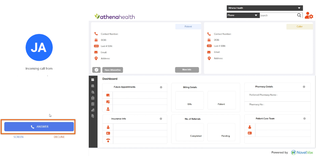 Screenshot of an incoming call notification in the Agent Accelerator for Athenahealth interface, featuring an orange box highlighting the blue "ANSWER" button on the left call panel alongside the patient dashboard view on the right.