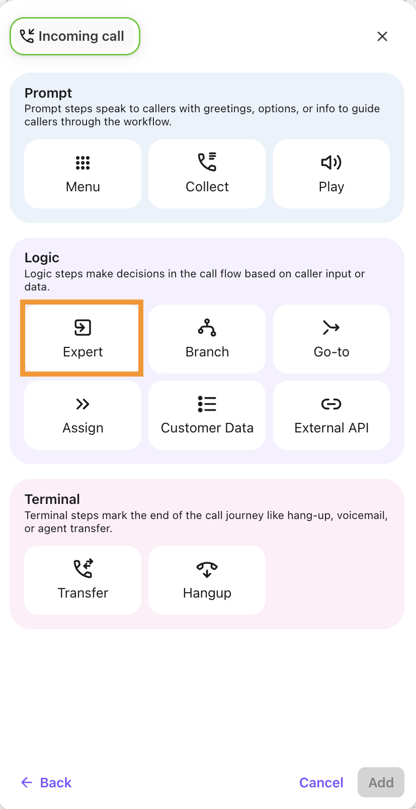 Workflow steps menu with Expert highlighted.