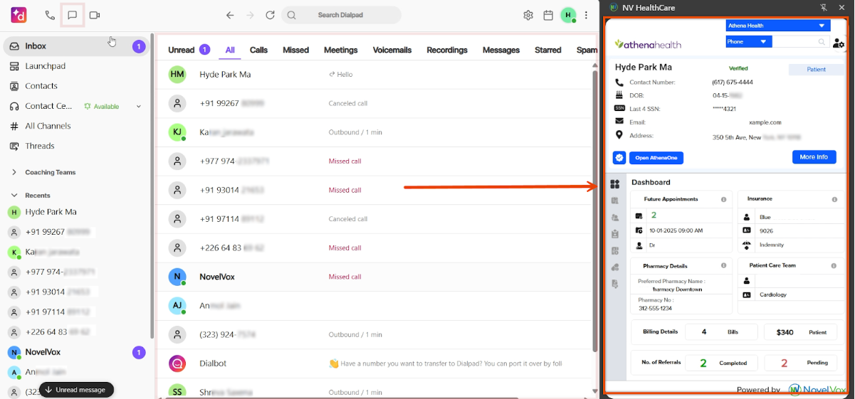 Screenshot of the Dialpad web interface alongside the opened NovelVox Agent Accelerator for Athenahealth Chrome Extension sidebar, with an orange box highlighting the right-hand extension window displaying patient details and dashboard information.