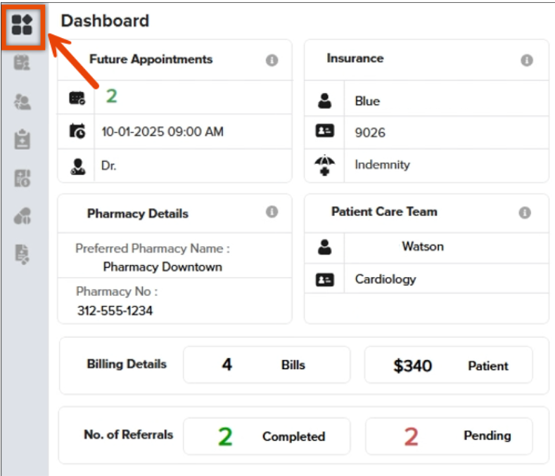 Screenshot of the Dashboard screen in the NV HealthCare interface, featuring an orange box and arrow highlighting the top-left dashboard grid icon on the navigation sidebar, alongside overview cards for Future Appointments, Insurance, Pharmacy Details, Patient Care Team, Billing Details, and No. of Referrals.