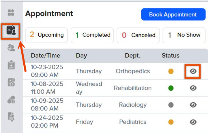 Screenshot of the "Appointment" section in the NV HealthCare interface, with orange boxes highlighting the calendar icon in the left navigation sidebar and an eye action icon in the appointment table, alongside a blue "Book Appointment" button and status counters for Upcoming, Completed, Canceled, and No Show appointments.