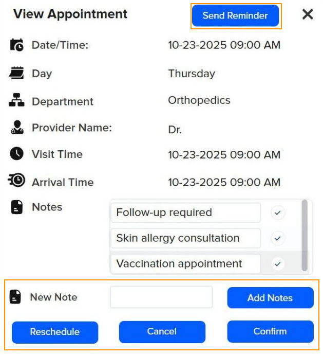 Screenshot of the "View Appointment" pop-up modal, featuring orange boxes highlighting the top "Send Reminder" button and the bottom action controls, which include a "New Note" field with an "Add Notes" button alongside options to "Reschedule", "Cancel", and "Confirm" the appointment.