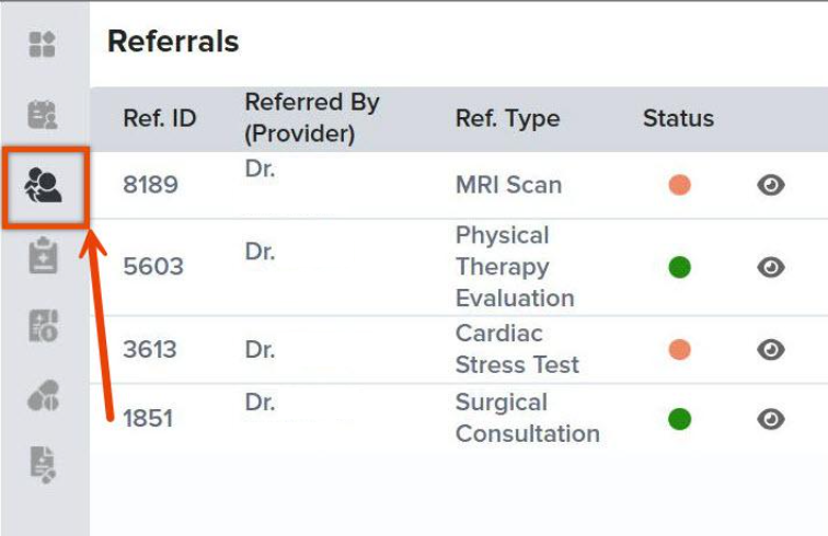 Screenshot of the "Referrals" section in the NV HealthCare interface, featuring an orange box and arrow highlighting the user group icon on the left navigation sidebar alongside a table displaying Ref. ID, Referred By (Provider), Ref. Type, Status, and action icons.