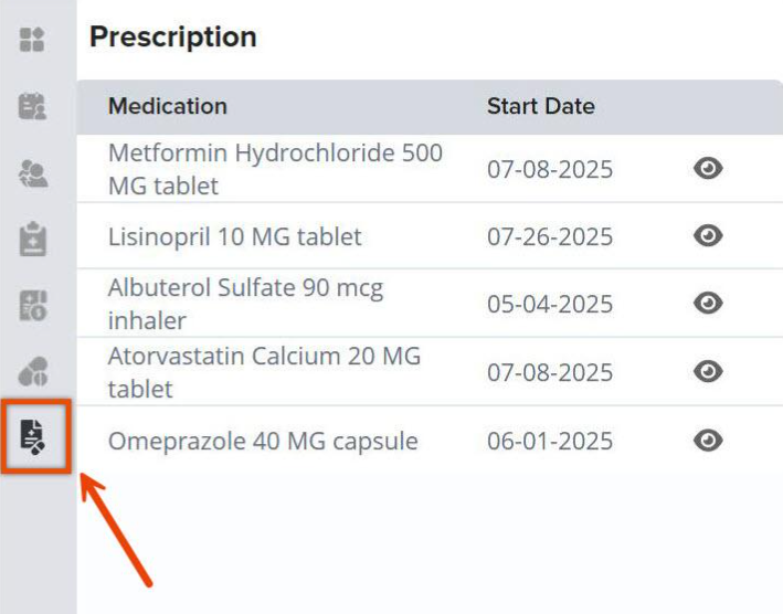 Screenshot of the "Prescription" section in the NV HealthCare interface, featuring an orange box and arrow highlighting the prescription document icon in the left navigation sidebar alongside a table showing Medication names, Start Dates, and eye action icons.
