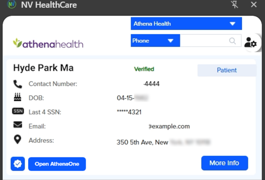 Screenshot of the NV HealthCare Patient Information window showing patient contact details, DOB, Last 4 SSN, Email, Address, and verification status alongside action buttons for "Open AthenaOne" and "More Info".