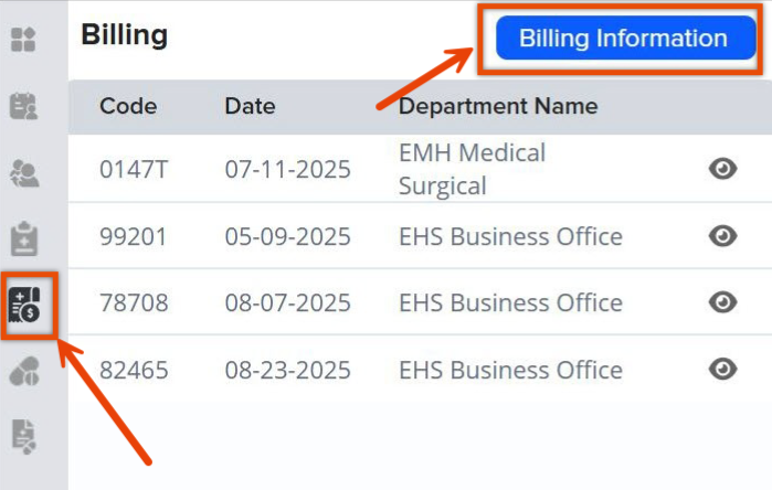 Screenshot of the "Billing" section in the NV HealthCare interface, featuring orange boxes and arrows highlighting the dollar bill icon in the left navigation sidebar and a top-right blue "Billing Information" button, alongside a table displaying billing codes, dates, department names, and action icons.