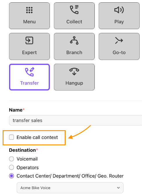 Workflow menu with Enable Cal Context check box highlighted.
