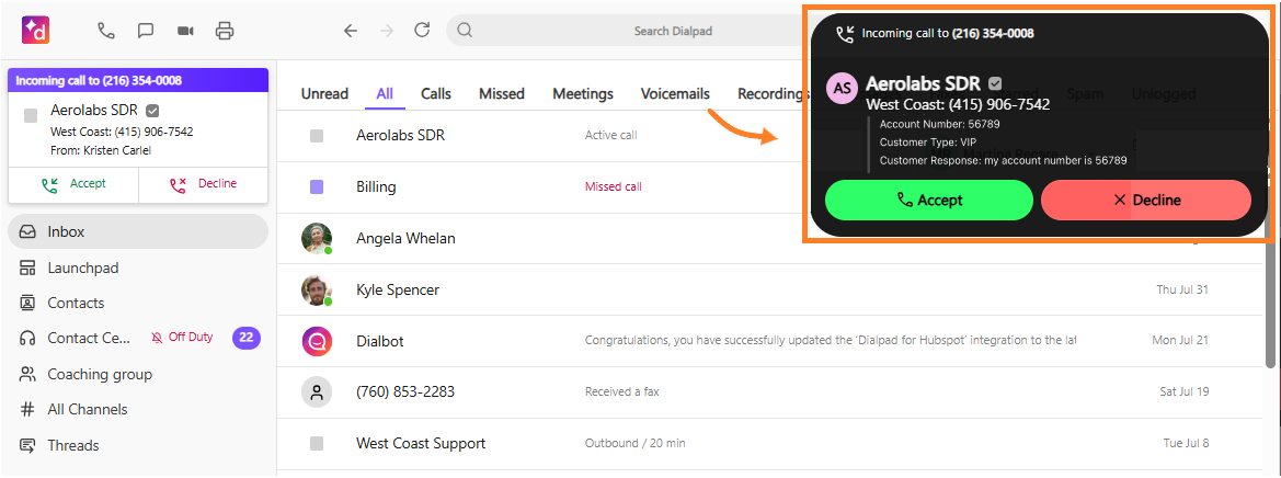 Dialpad App with incoming call pop-up and details from the workflow.