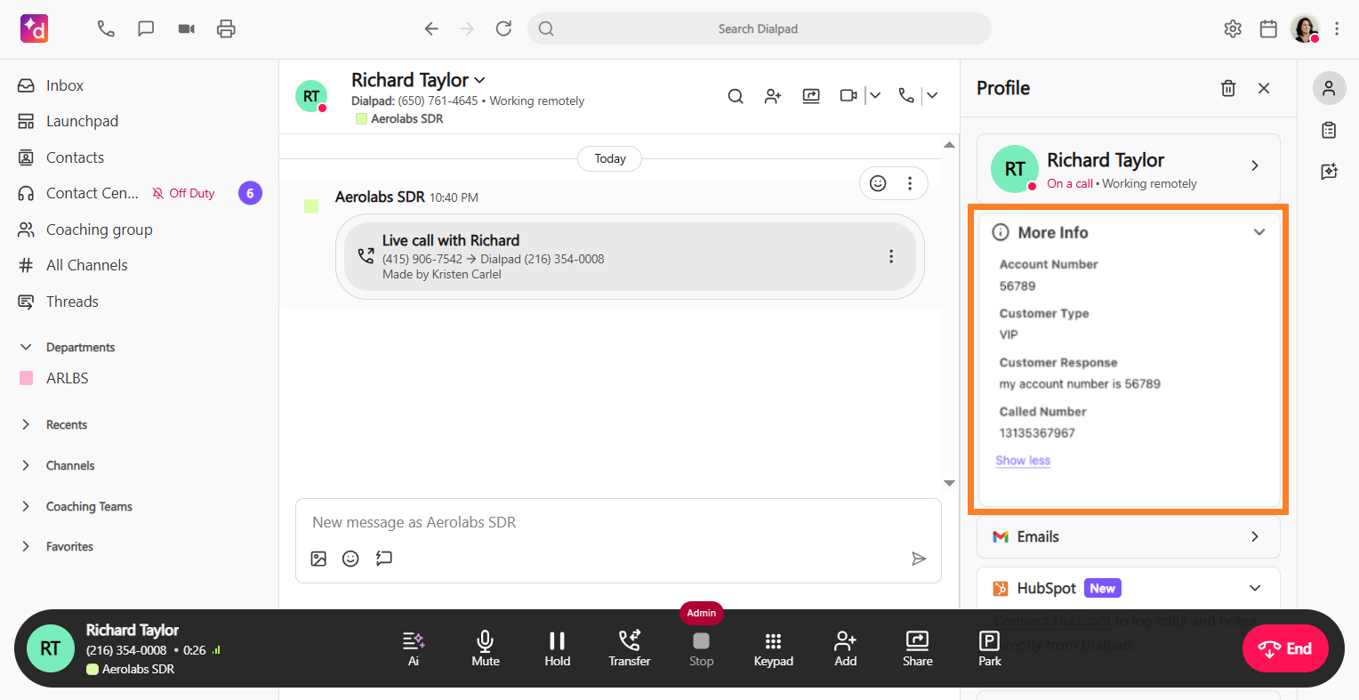 Dialpad App right side menu with the information from the workflow highlighted.