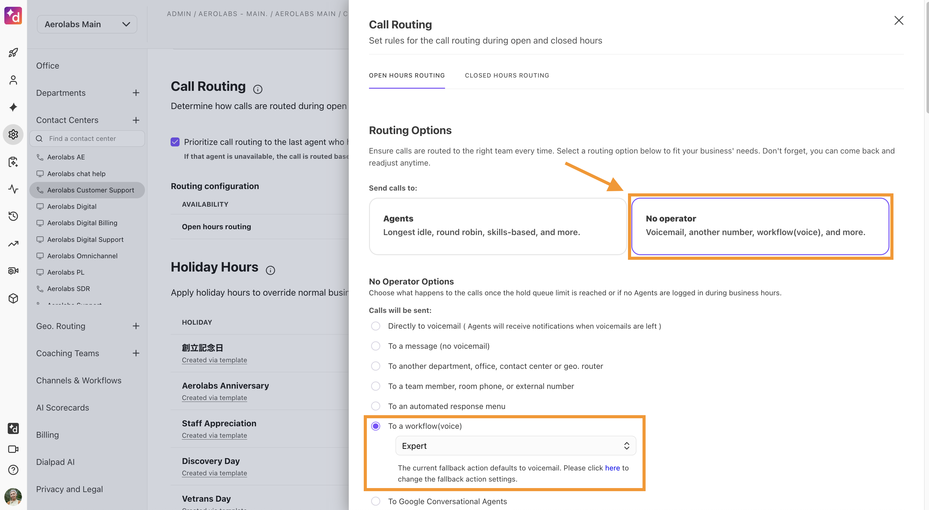 Screenshot of a Contact Centers call routing options from Dialpad Admin settings