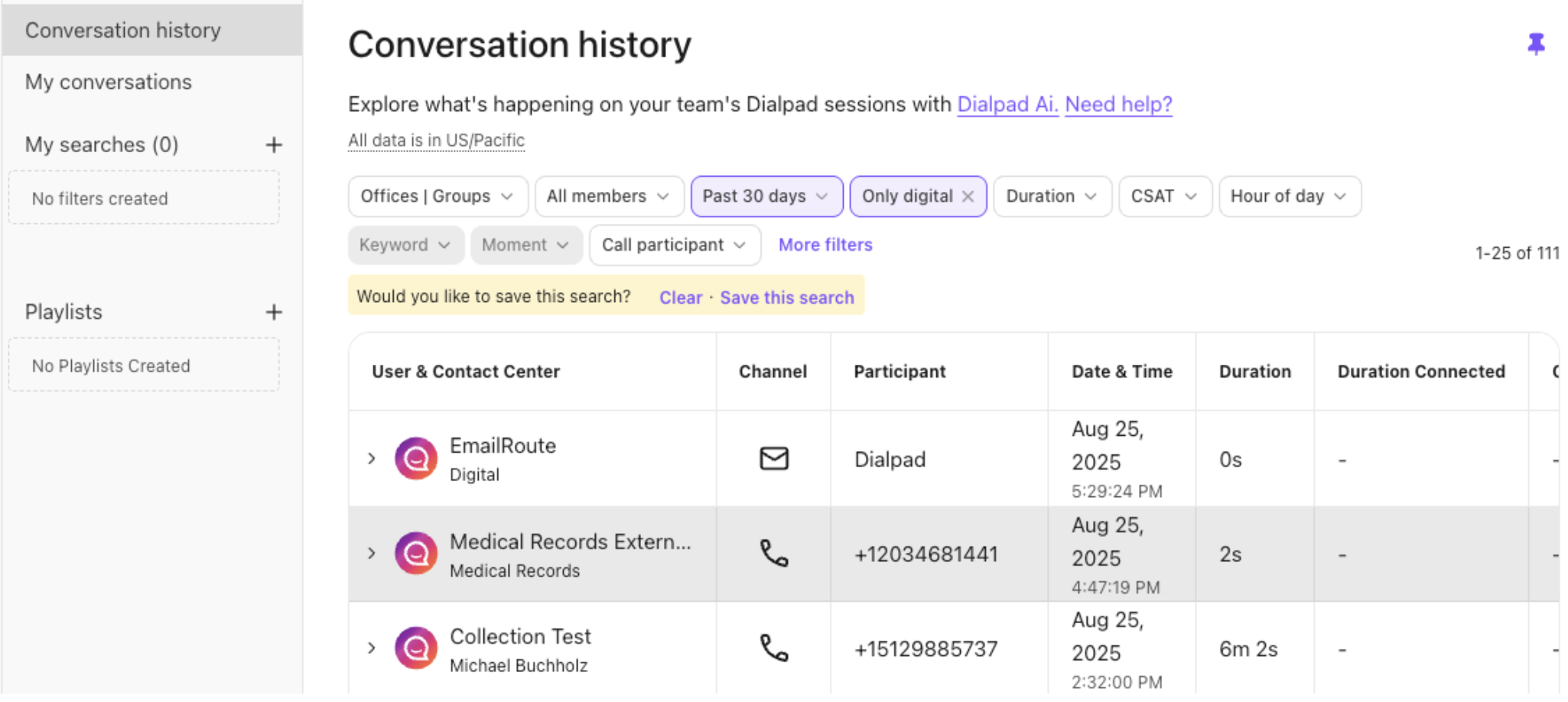 Conversation history view of a Digital conversation.