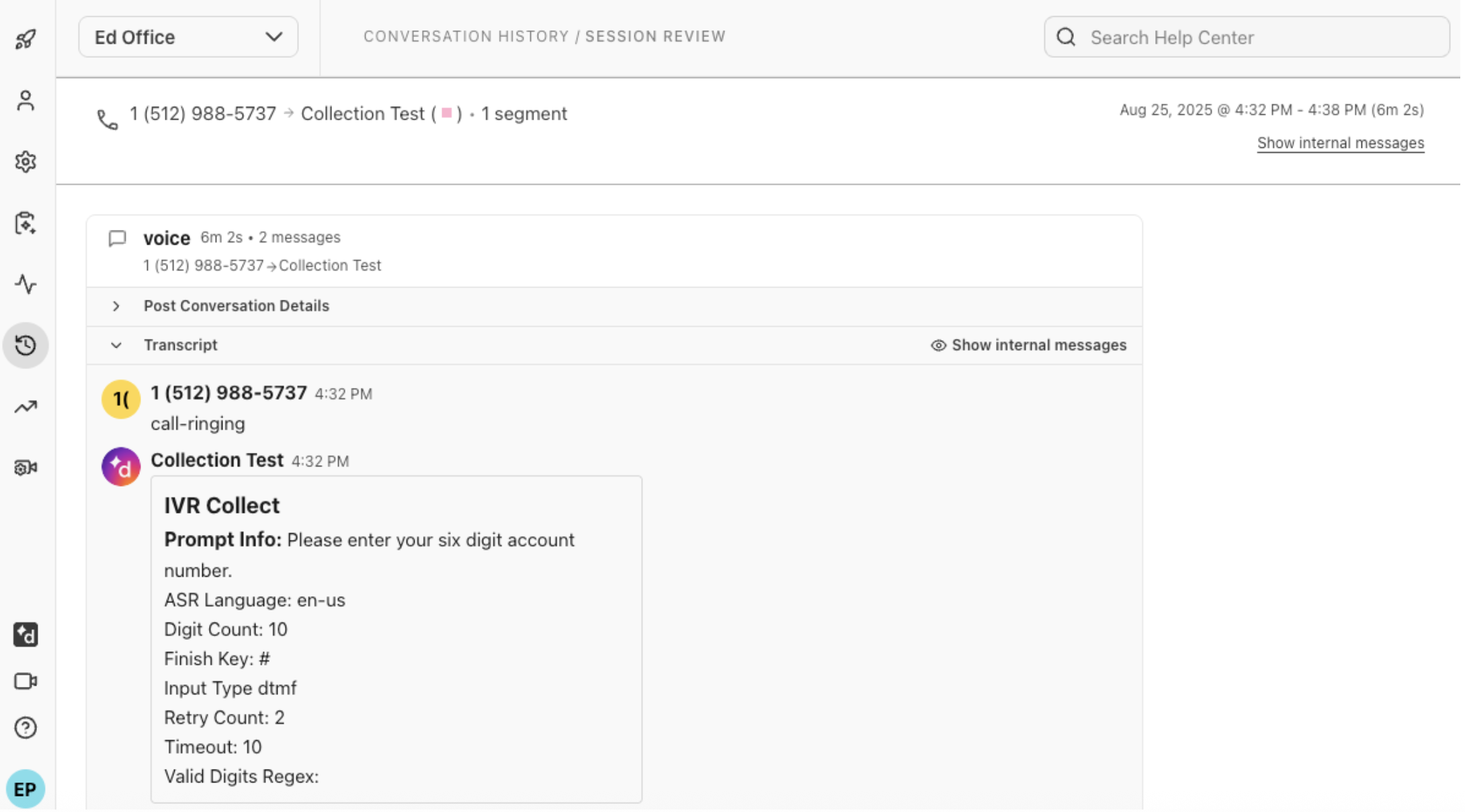 A transcript with the workflow collection prompts.