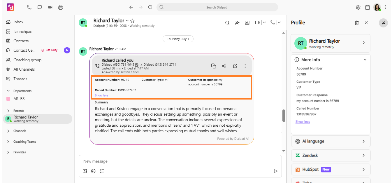 Dialpad app conversation thread with the call summary information. The information collected in the workflow is highlighted.