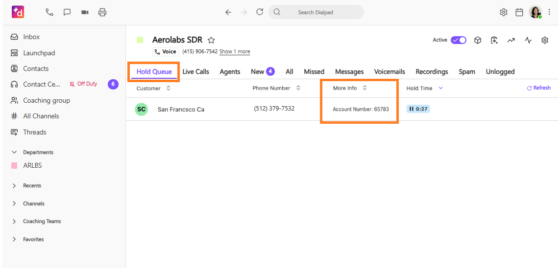 Dialpad Supervisor view of the hold queue. Hold Queue and More Info is highlighted.