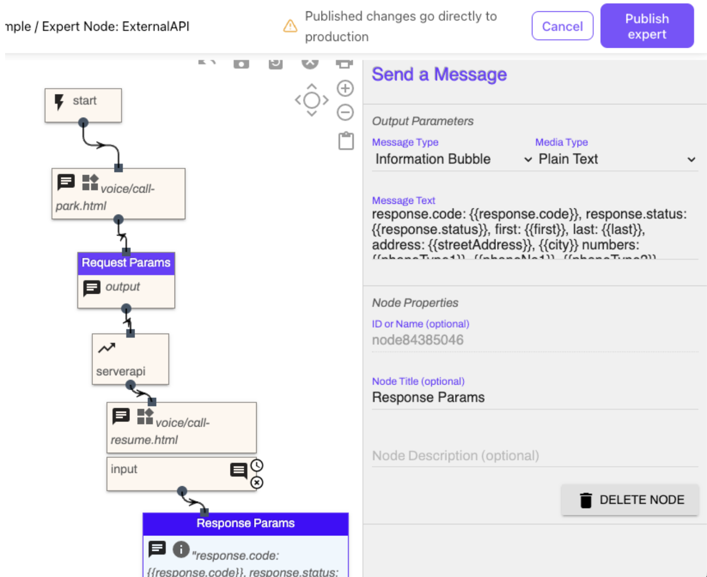 Node configuration sidebar showing Output Parameters, Message Text variables, Node Properties fields, and a Delete Node button next to a visual workflow diagram.