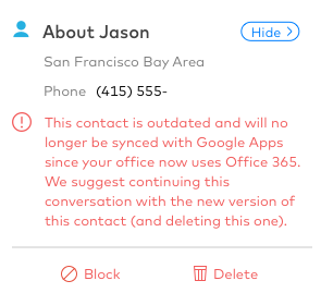 Screenshot of a contact details pane displaying a red warning message indicating that the contact is outdated and no longer synced with Google Apps due to a switch to Office 365, with options to block or delete the contact at the bottom.