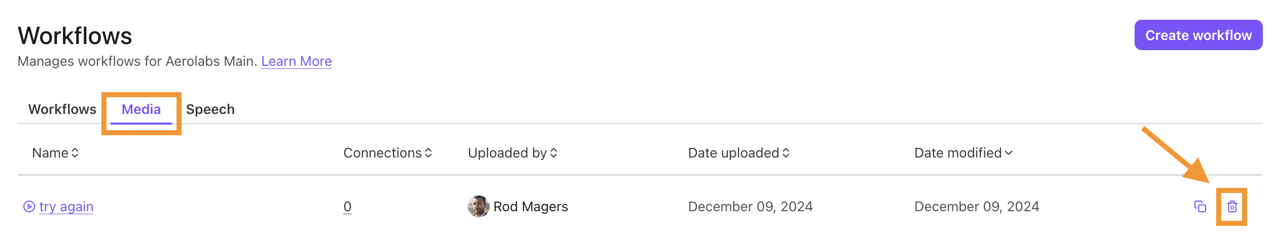 Workflows> Media page with the delete icon highlighted.