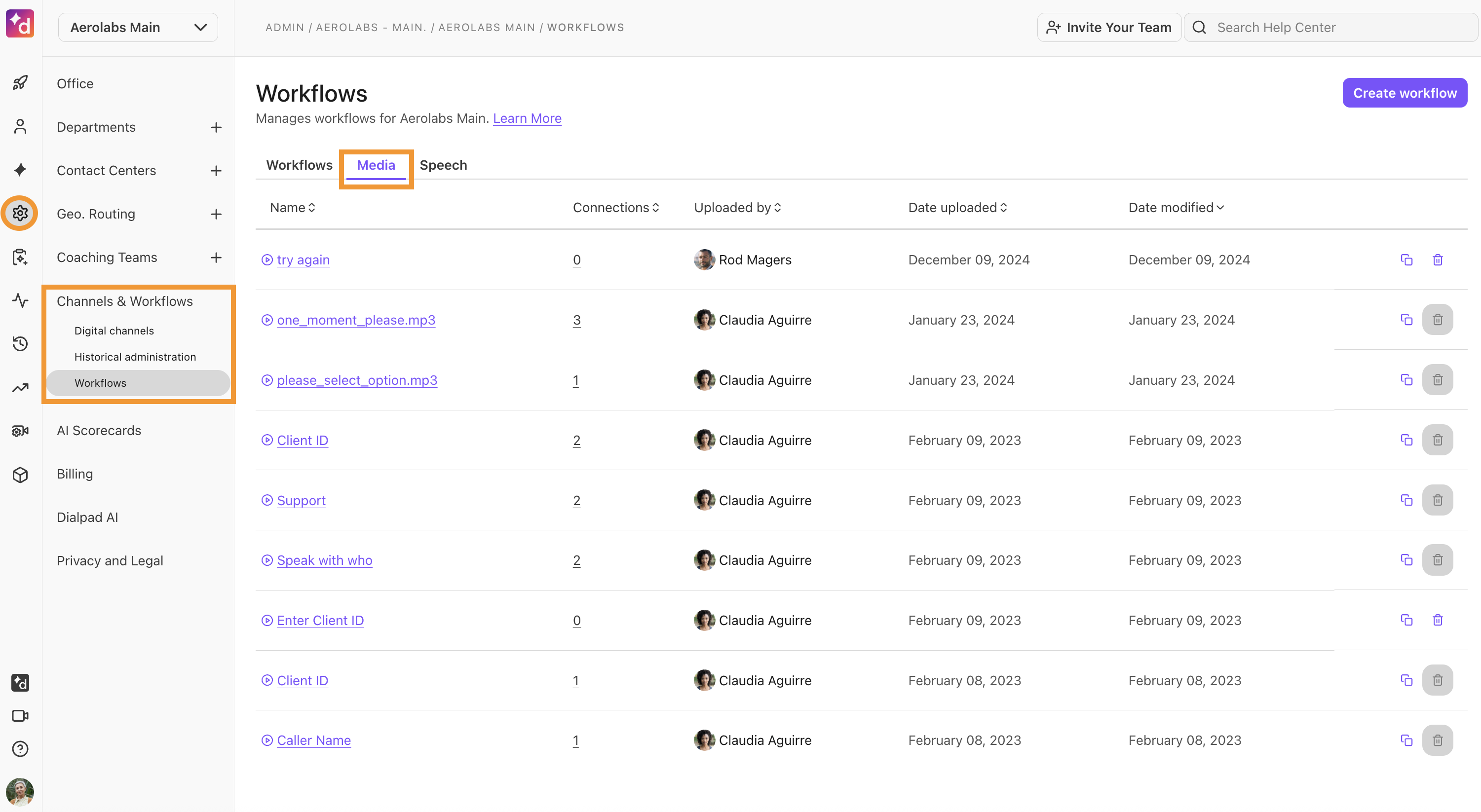 Dialpad Admin Settings left sidebar under Channels and Workflows, highlighting the "Workflow Media" menu option.