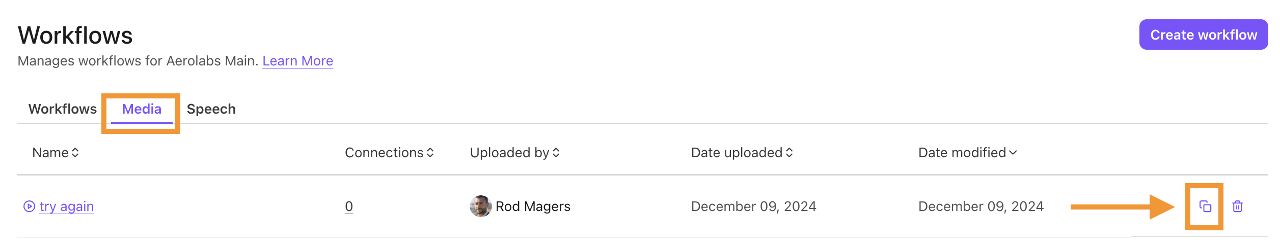 Workflows> Media page with the copy icon highlighted.