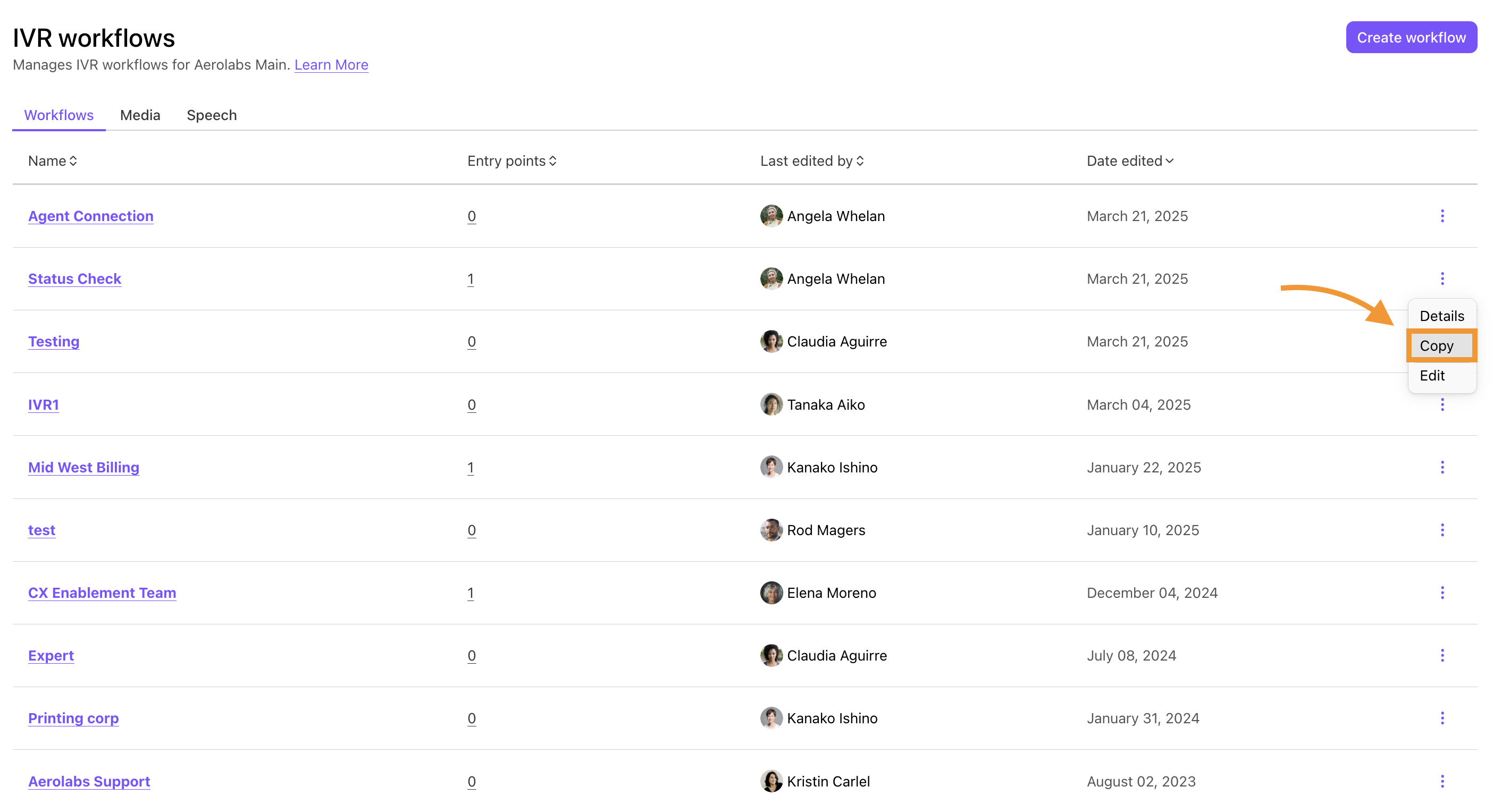 Dialpad IVR Workflows management page showing a list of active workflows with an orange arrow highlighting the three-dot Options menu next to a workflow name, displaying a dropdown with the "Copy" action selected.