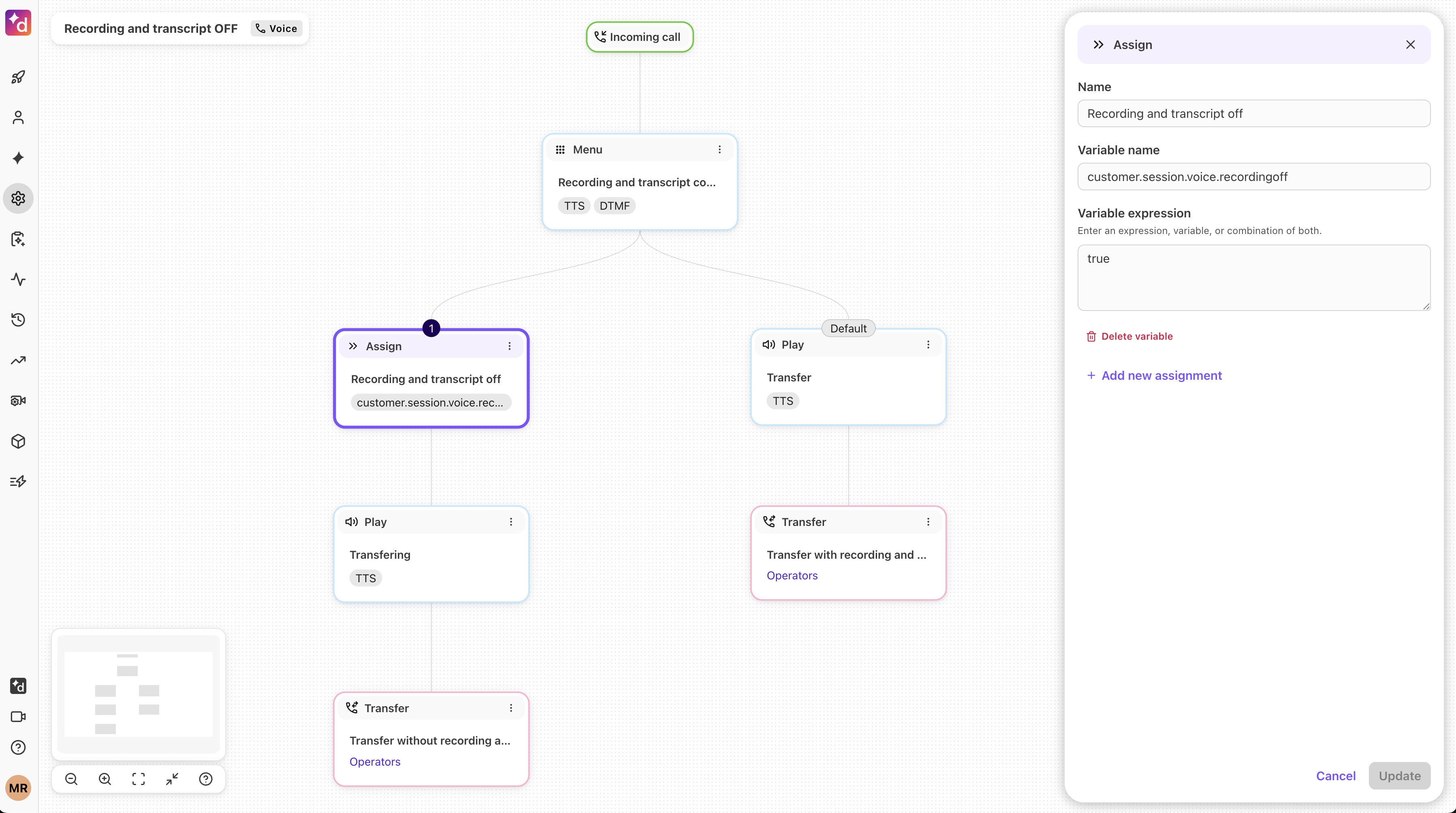 Workflow editor screen showing the customer.session.voice.recordingoff variable assigned with a boolean value of true.