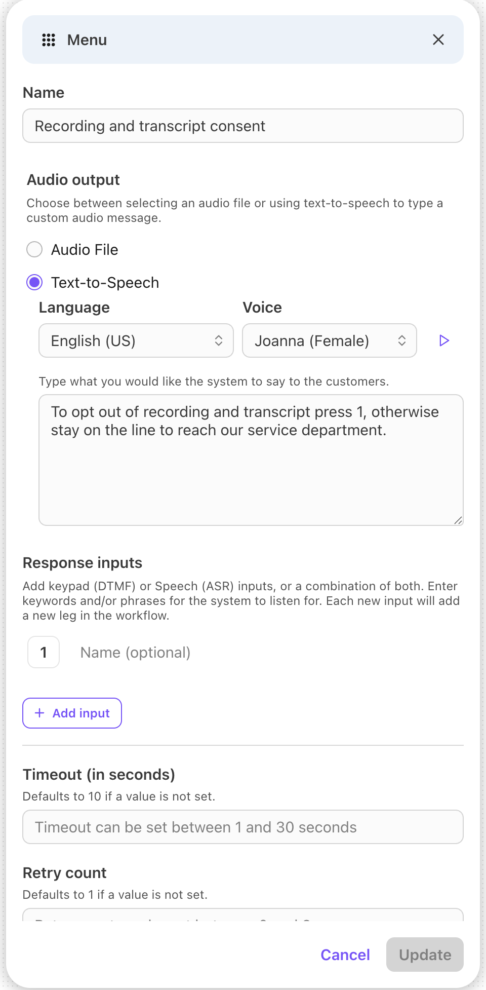 Configuration panel in Dialpad showing details for adding an omnichannel variable to handle call recording and transcription opt-outs.