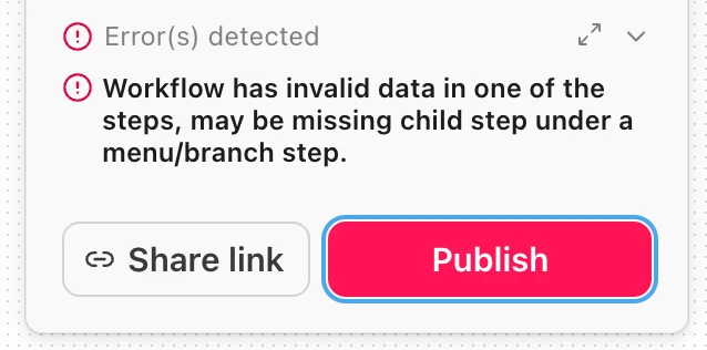 Image of an error message when trying to publish.